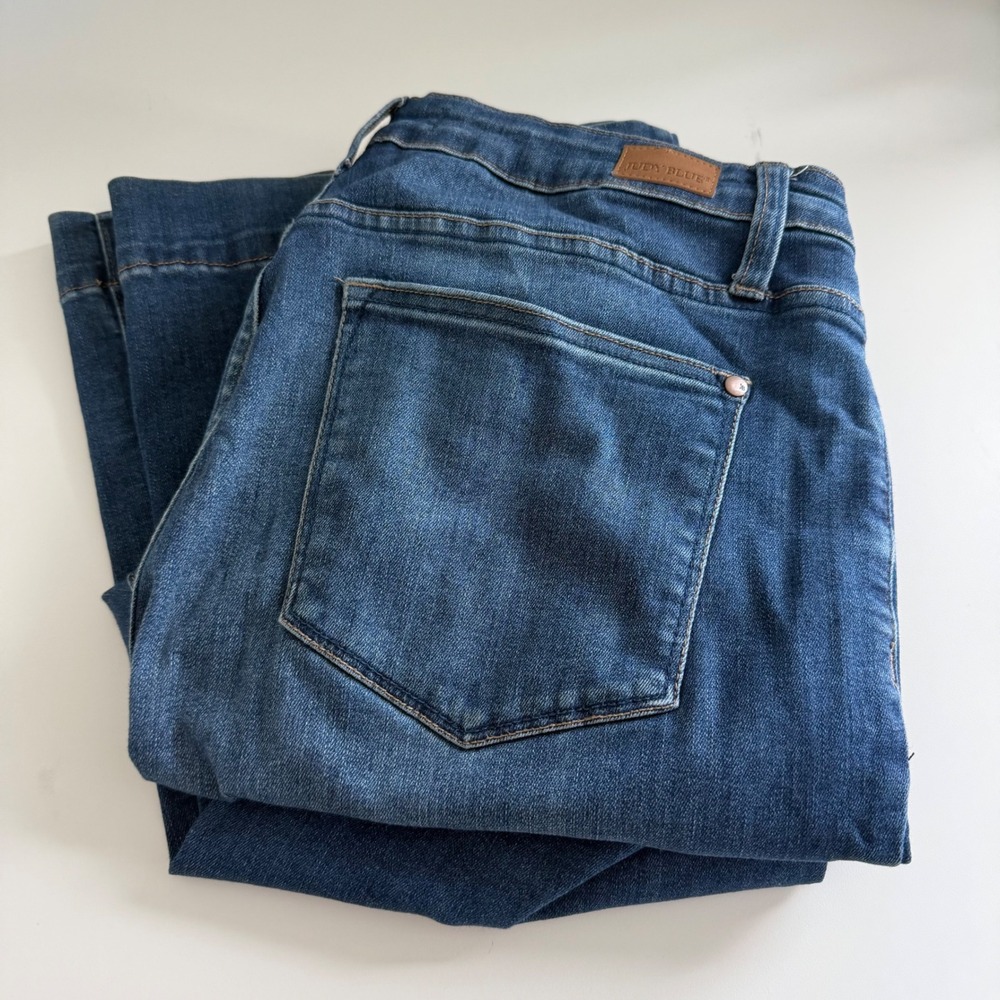 Judy Blue Trouser Flare Jeans High Rise Button Fly Dark Wash 14W JB88491 DK